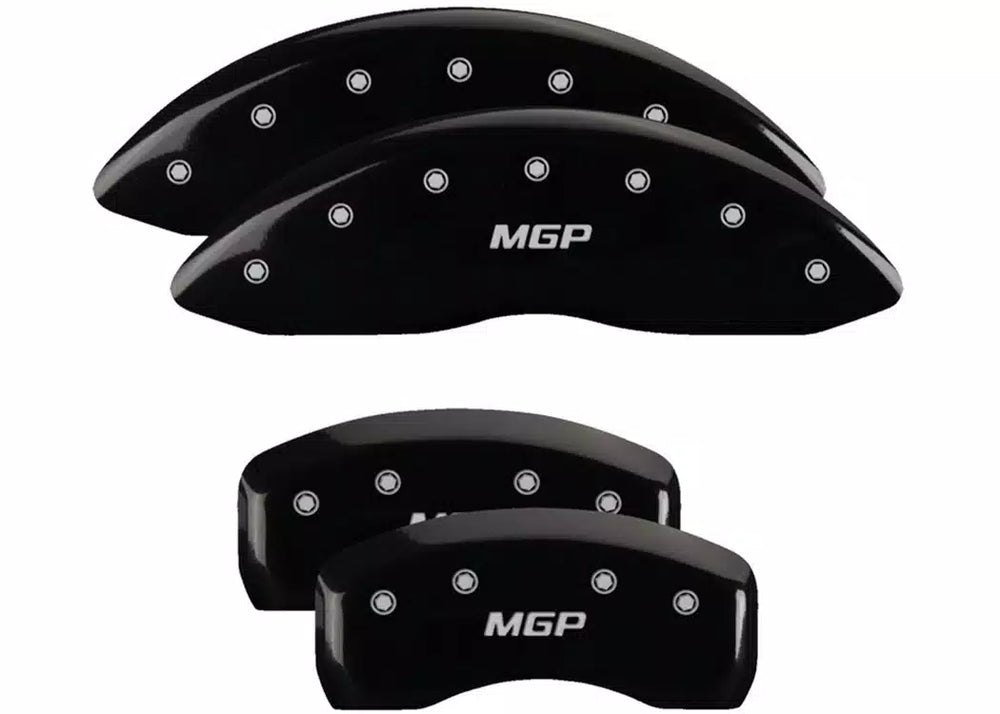 SET OF 4 CALIPER COVERS ENGRAVED FRONT/REAR MGP SILVER CHARACTERS BLACK POWDER