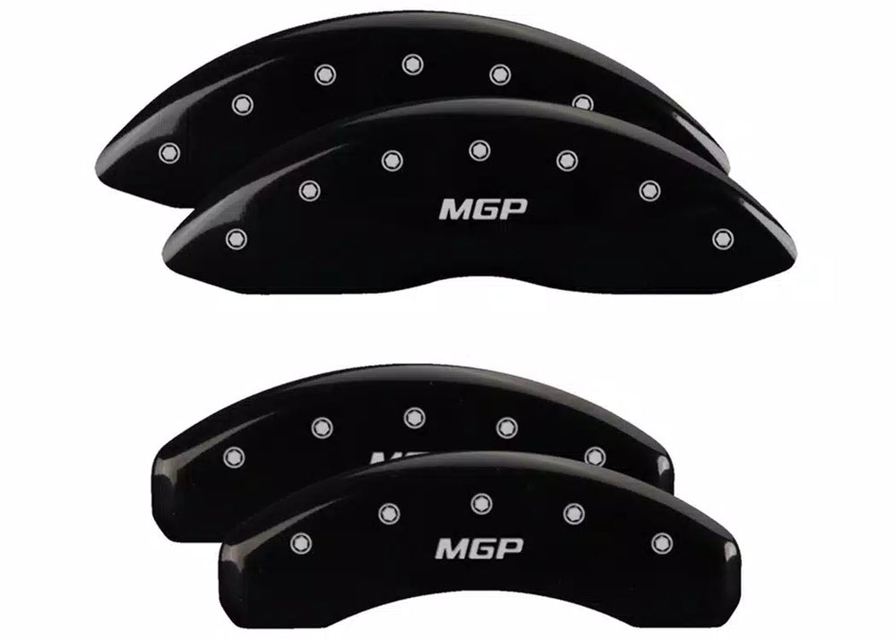 SET OF 4 CALIPER COVERS ENGRAVED FRONT/REAR MGP SILVER CHARACTERS BLACK POWDER