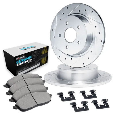 R1 18-25 Audi Q3 Rear Drilled & Slotted Silver Brake Rotor Set w/Euro Ceramic Pads and Hardware