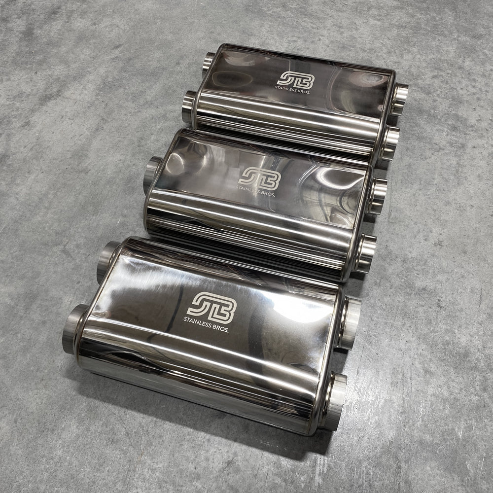 Stainless Bros 3in x 17in OAL SS304 Thin Oval Muffler (3in Dual In / 3in Dual Out) - Polished