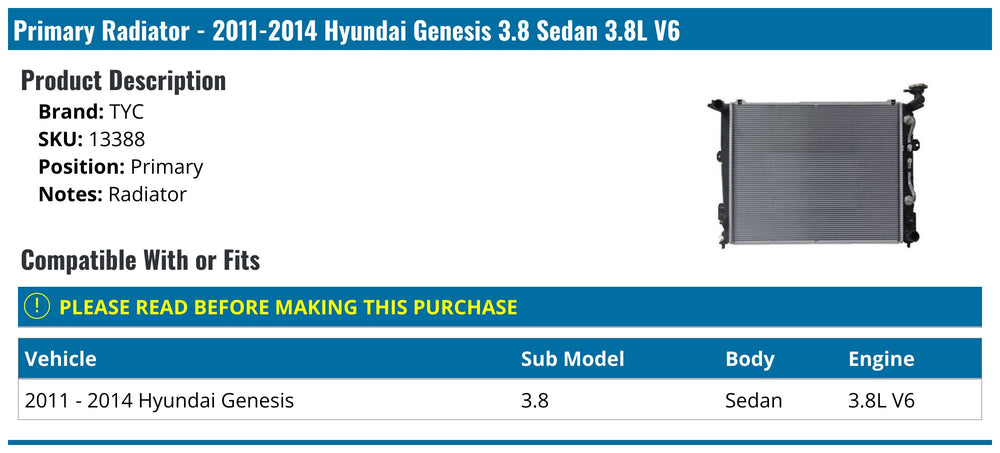 Koyo Cooling 11-13 HY GENESIS 3.8L V6 Non TBO Gas AT