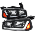 HEADLIGHTS WITH LED BAR MATTE BLACK HOUSING CLEAR LENS - AMBER REFLECTOR LED BAR PARK SEQUENTIAL SIGNAL LIGHT INCLUDED USE STOCK 9006 XS LOW 9005 XS