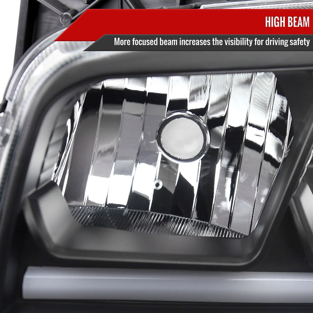 HEADLIGHTS WITH LED BAR MATTE BLACK HOUSING CLEAR LENS - AMBER REFLECTOR LED BAR PARK SEQUENTIAL SIGNAL LIGHT INCLUDED USE STOCK 9006 XS LOW 9005 XS