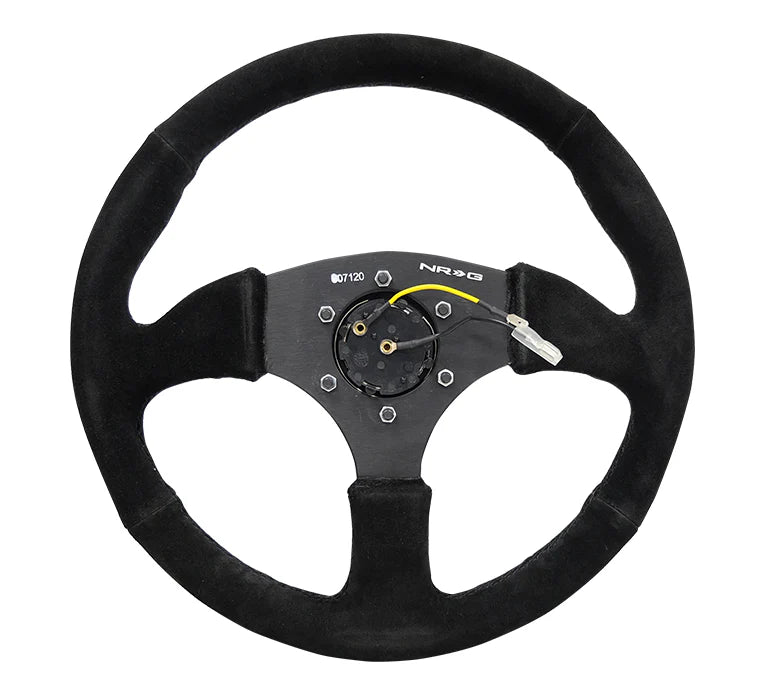 NRG Reinforced Steering Wheel (350mm / 2.5in. Deep)Blk Alcantara Comfort Grip w/4mm Matte Blk Spokes