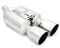 Dual 4 tips 2.25 inlet total length 24 and body width 10 . 14.8 LBs 25 x 11.5 x 6.5