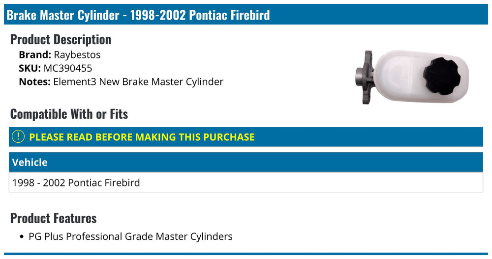 Master Cylinder: 1998 Chevrolet Camaro; 1998 Pontiac Firebird