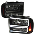 F350 HEADLIGHTS WITH LED BAR BLACK HOUSING SMOKED LENS AMBER REFLECTOR - USES STOCK BULBS