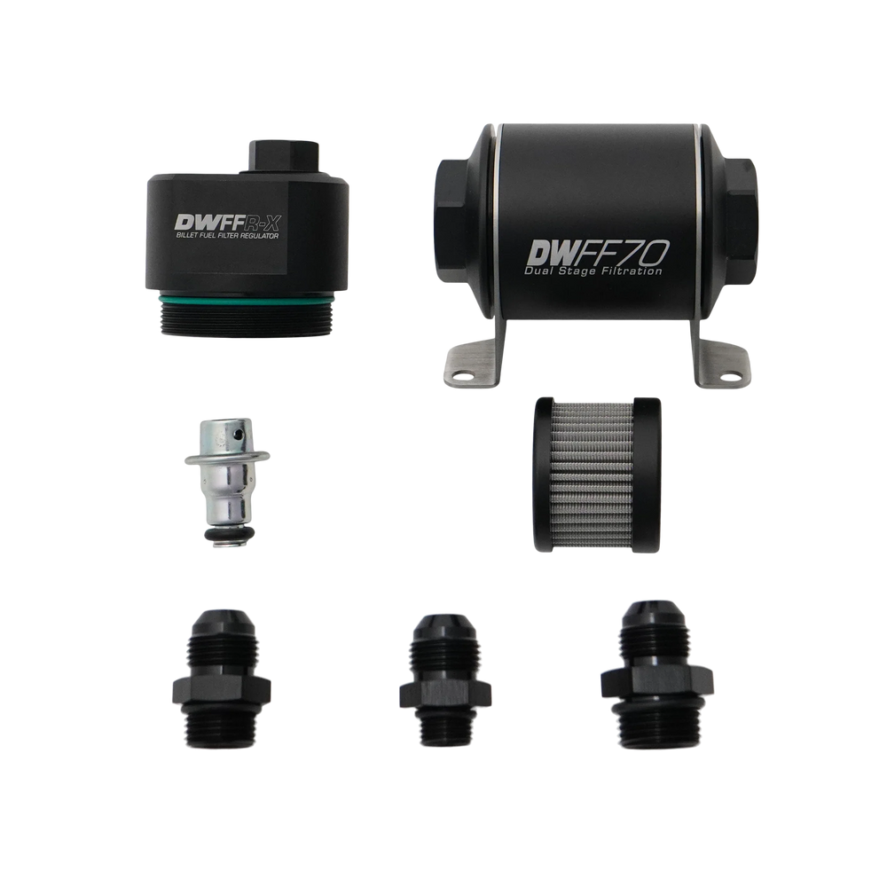 DeatschWerks DWFFR-X 70mm Billet Fuel Filter Regulator - 10 Micron with 8AN Fittings