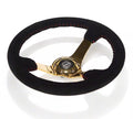 NRG Reinforced Steering Wheel (350mm / 3in. Deep) Blk Suede w/Red BBall Stitch & Chrome Gold 3-Spoke
