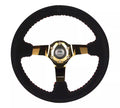 NRG Reinforced Steering Wheel (350mm / 3in. Deep) Blk Suede w/Red BBall Stitch & Chrome Gold 3-Spoke