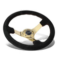 NRG Reinforced Steering Wheel (350mm / 3in. Deep) Blk Suede w/Red BBall Stitch & Chrome Gold 3-Spoke
