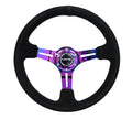 NRG Reinforced Steering Wheel (350mm / 3in. Deep) Blk Leather/Blk Stitch w/Neochrome Slits
