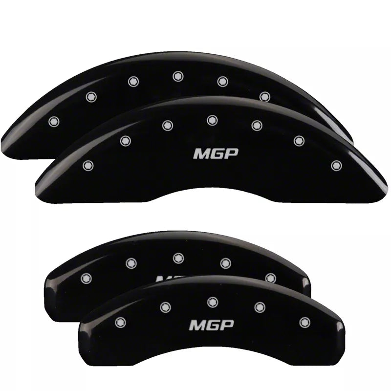 SET OF 4 CALIPER COVERS ENGRAVED FRONT/REAR MGP SILVER CHARACTERS BLACK POWDER