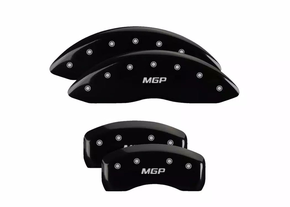 SET OF 4 CALIPER COVERS ENGRAVED FRONT/REAR MGP SILVER CHARACTERS BLACK POWDER