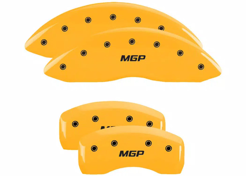 SET OF 4 CALIPER COVERS ENGRAVED FRONT/REAR MGP BLACK CHARACTERS YELLOW POWDER