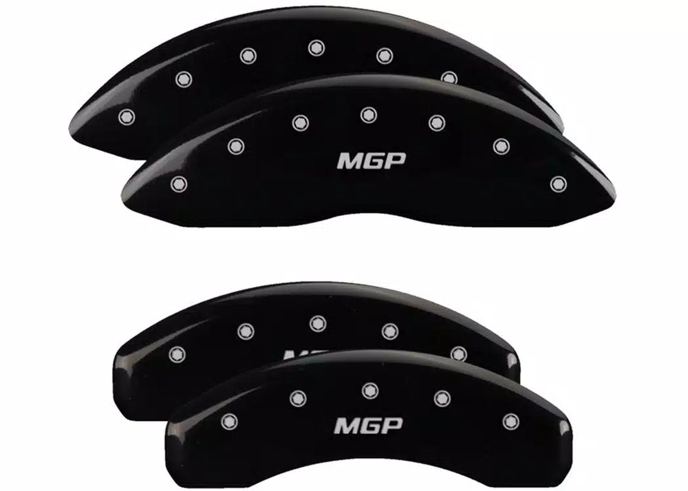 SET OF 4 CALIPER COVERS ENGRAVED FRONT/REAR MGP SILVER CHARACTERS BLACK POWDER