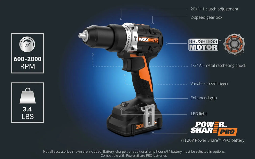 20V POWER SHARE 1/2IN CORDLESS HAMMER DRILL WITH BRUSHLESS MOTOR