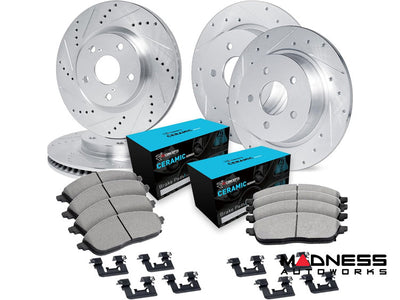 R1 15-23 Fiat 500X Front & Rear Drilled & Slotted Silver Brake Rotor Set w/Ceramic Pads and Hardware
