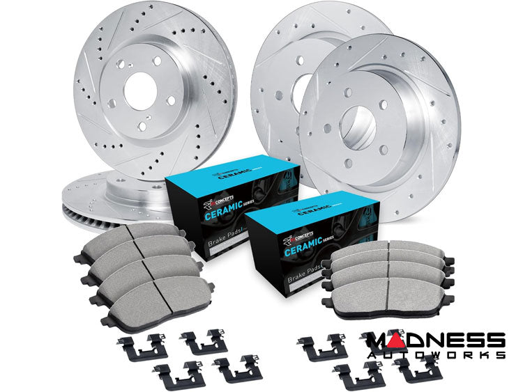 R1 15-23 Fiat 500X Front & Rear Drilled & Slotted Silver Brake Rotor Set w/Ceramic Pads and Hardware