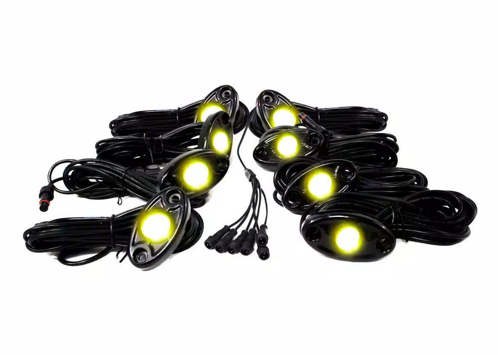 8 LED GLOW POD KIT W/BRAIN BOX IP68 12V W/ALL HARDWAREYELLOW(ROCK LIGHT KIT)