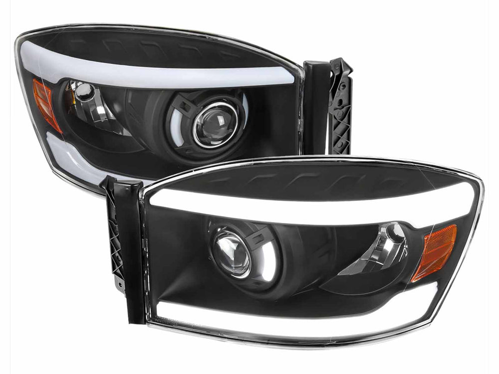 PROJECTOR HEADLIGHTS WITH LED BAR MATTE BLACK HOUSING CLEAR LENS AND AMBER REFLECTOR
