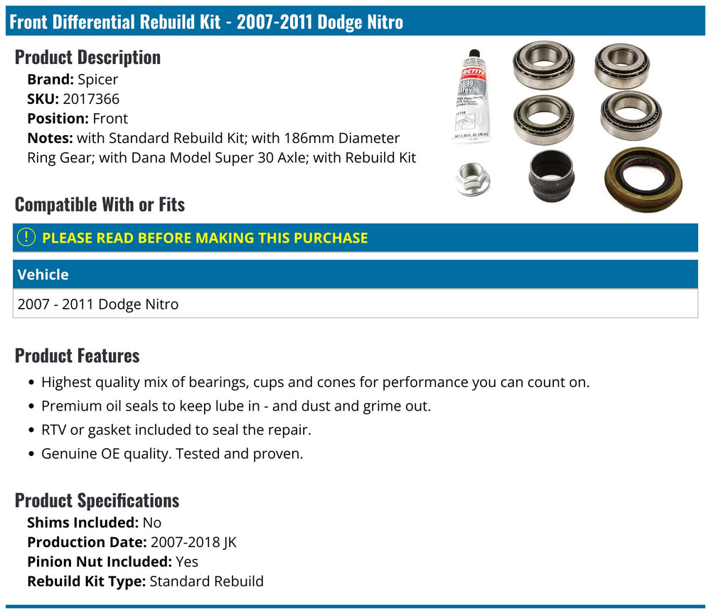 STANDARD AXLE BEARING KIT; DANA SUPER 30