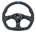 NRG Reinforced Steering Wheel (320mm) Sport Suede Dual Push Buttons Flat Bottom w/ Yellow Center