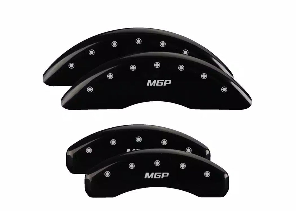 SET OF 4 CALIPER COVERS ENGRAVED FRONT/REAR MGP SILVER CHARACTERS BLACK POWDER