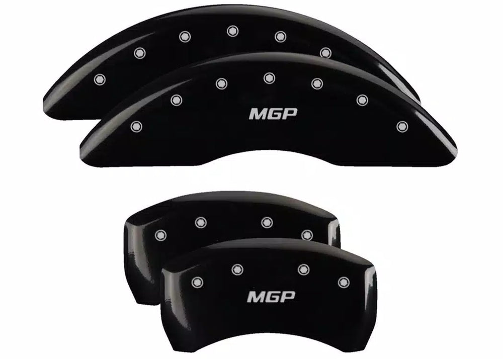 SET OF 4 CALIPER COVERS ENGRAVED FRONT/REAR MGP SILVER CHARACTERS BLACK POWDER