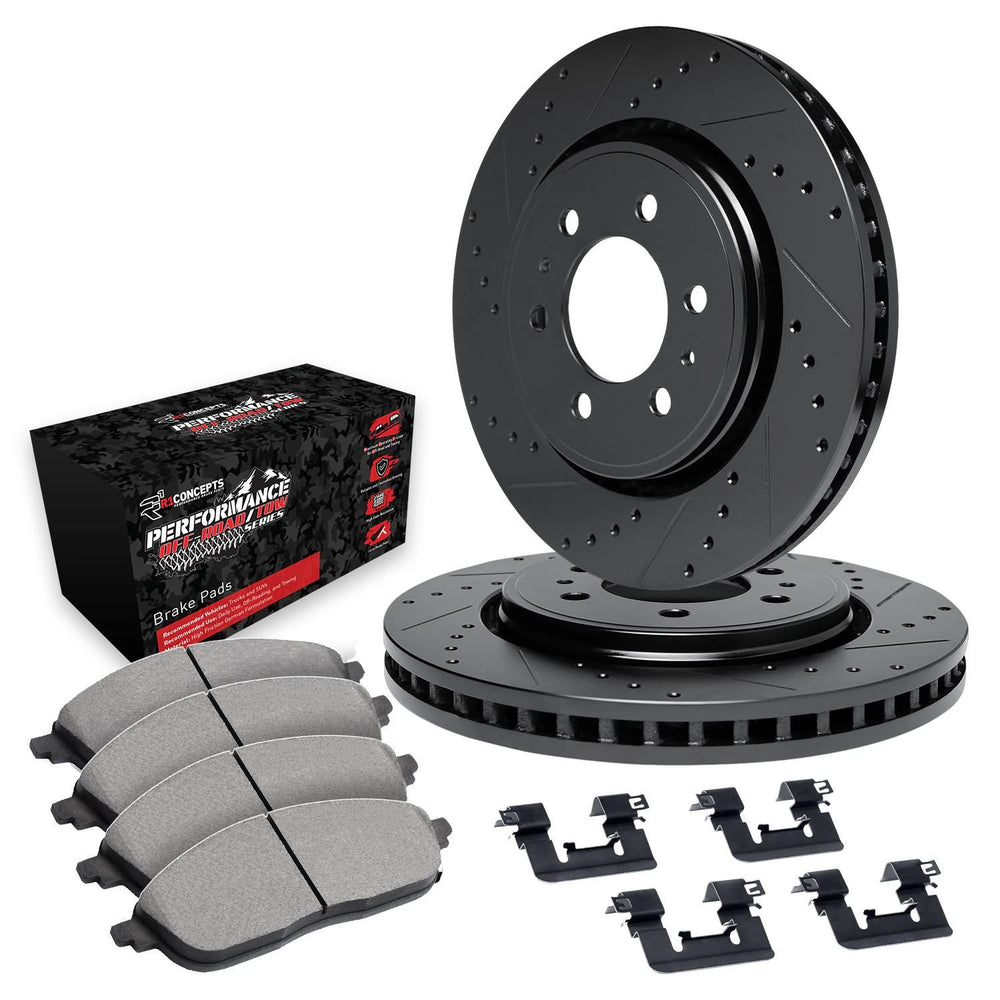 R1 94-04 Ford Mustang Rear Drilled & Slotted Black Brake Rotor Set w/Ceramic Pads and Hardware