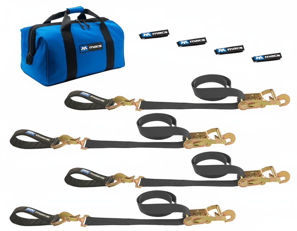 TOW PACK BLACK 2in X 8ft WITH T HOOK AND SEWN FIXED END RATCHET STRAPS