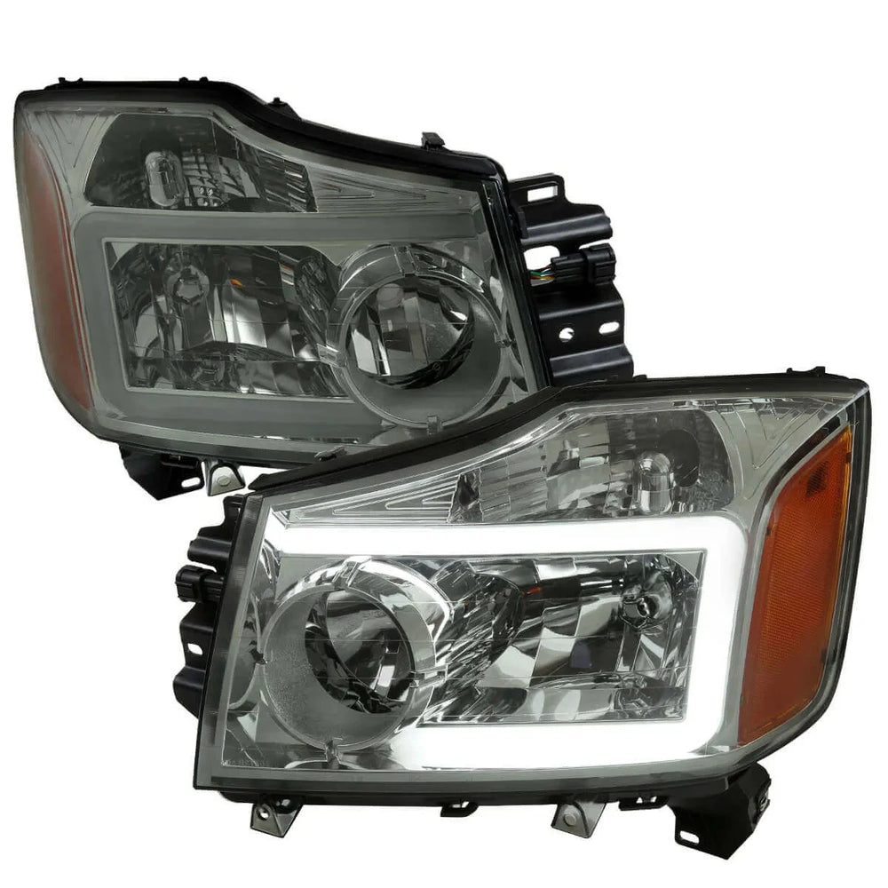 HEADLIGHTS WITH LED BAR CHROME HOUSING LIGHT SMOKED LENS