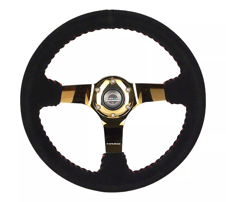 NRG Reinforced Steering Wheel (3in. Deep) UltraSlice Sig Blue Alcan, Gold Stich, Pizza Embroidery