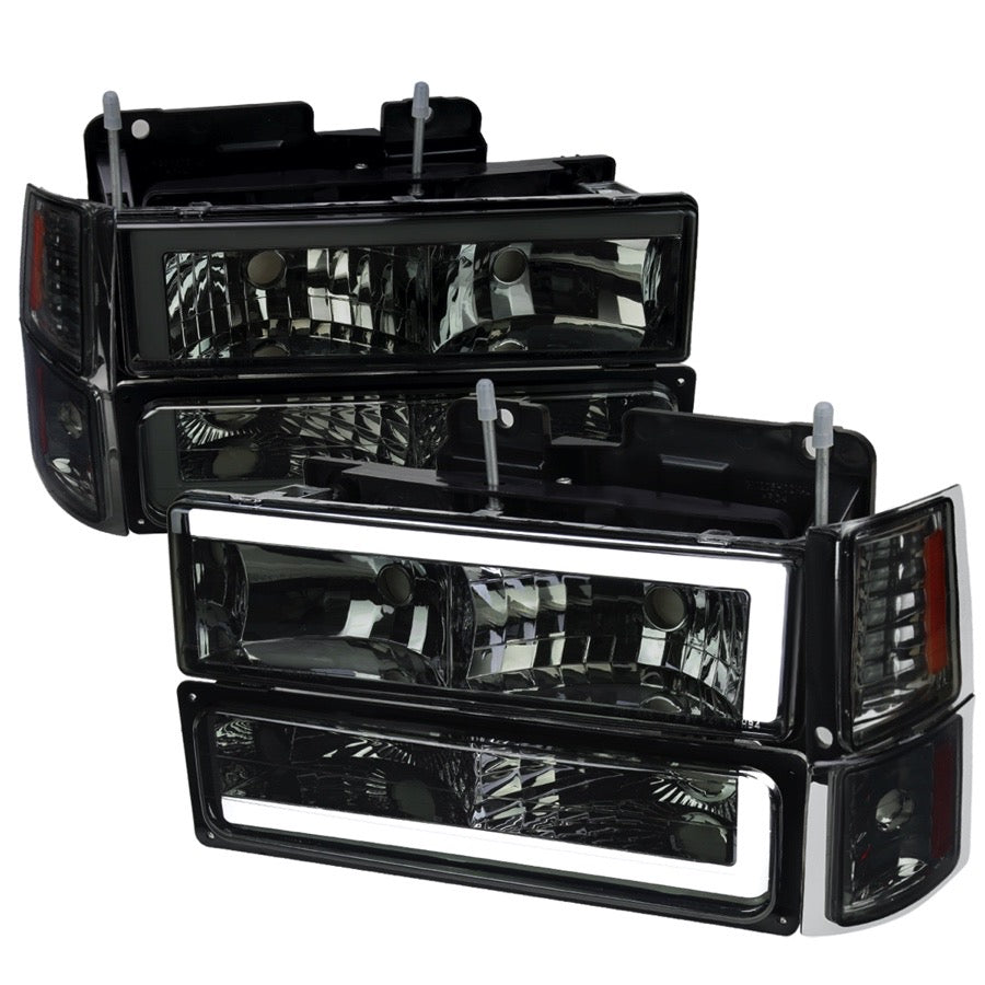 GMC CK 8 PIECE LED BAR HEADLIGHTS WITH BUMPER LIGHTS AND CORNER LIGHTS CHROME HOUSING AND SMOKED LENS - USES STOCK BULBS