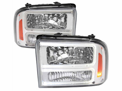 F350 HEADLIGHTS WITH LED BAR CHROME HOUSING CLEAR LENS AMBER REFLECTOR - USES STOCK BULBS