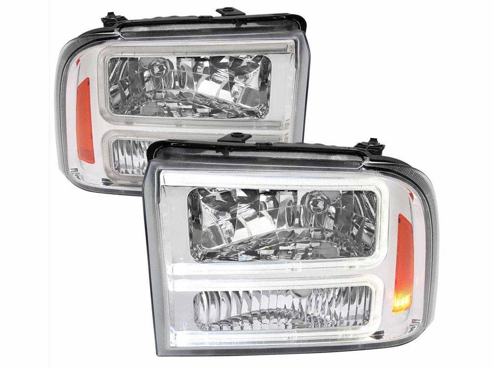 F350 HEADLIGHTS WITH LED BAR CHROME HOUSING CLEAR LENS AMBER REFLECTOR - USES STOCK BULBS