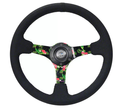 NRG Reinforced Steering Wheel (350mm / 3in. Deep) Black Suede w/ 5mm Floral 3-Spoke Center
