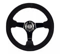NRG Reinforced Steering Wheel (350mm / 3in. Deep) Blk Suede w/Red BBall Stitch & Black 3-Spoke
