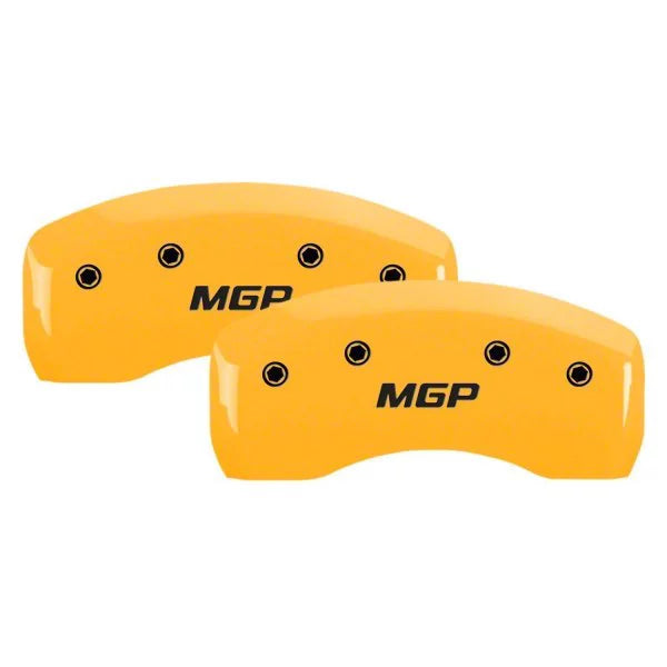SET OF 4 CALIPER COVERS ENGRAVED FRONT/REAR MGP BLACK CHARACTERS YELLOW POWDER