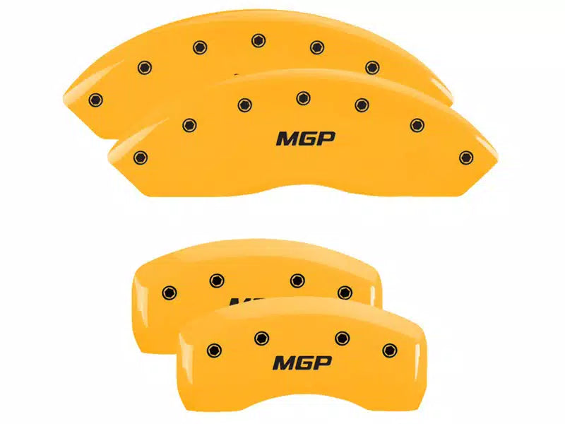 SET OF 4 CALIPER COVERS ENGRAVED FRONT/REAR MGP BLACK CHARACTERS YELLOW POWDER