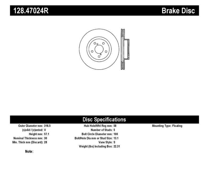 StopTech 05-10 Subaru Legacy / 10 Outback Drilled Right Front Rotor