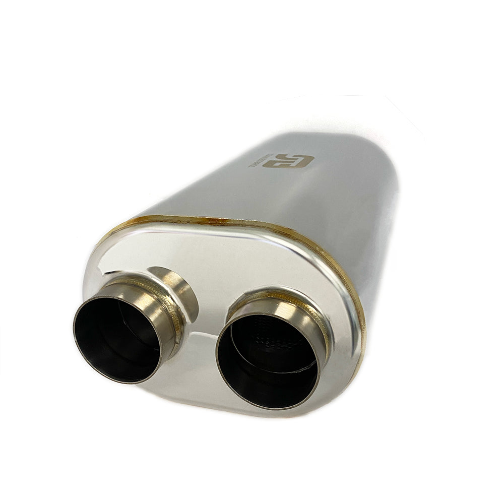 Stainless Bros 17in OAL 3in Oval SS304 Polished Finish Muffler - 3in Center In/2.5in Dual Out
