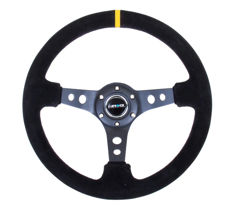 NRG Sport Steering Wheel (350mm/ 1.5in. Deep) Black Etched Spokes/ Black Leather w/ Black Stitch