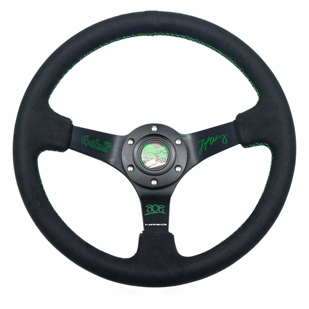 NRG Reinforced Steering Wheel (350mm/ 3in. Deep) Forrest Wang/ Black Alcantara w/ Green Stitch