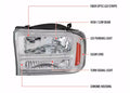 F350 1 PIECE HEADLIGHTS WITH LED BAR BLACK HOUSING AND SMOKED LENS AMBER REFLECTOR - USES STOCK BULBS