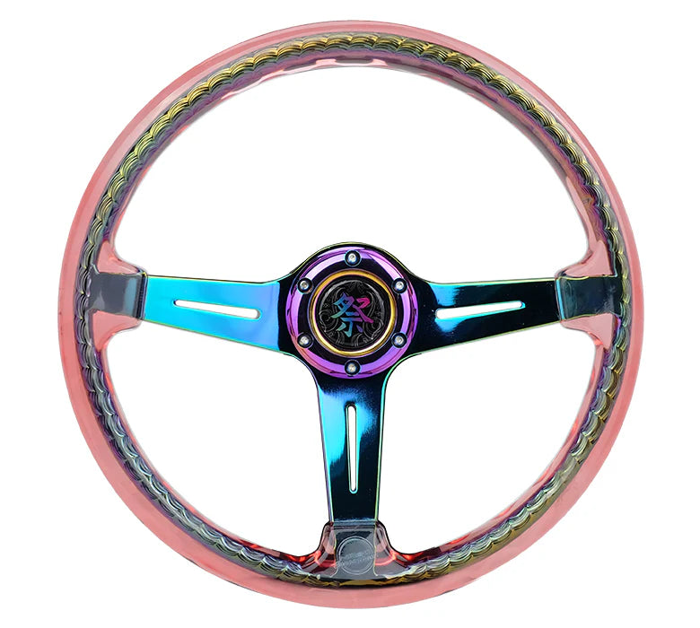Reinforced Steering Wheel - Matsuri 350mm 2 Deep Dish Clear Acrylic Steering Wheel in Red and NeoChrome spoke finish with slits.