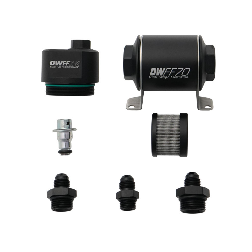 DeatschWerks DWFFR-X 70mm Billet Fuel Filter Regulator - 10 Micron with 6AN Fittings