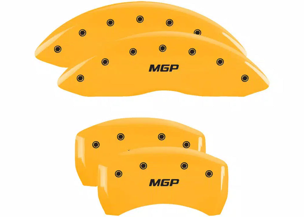 SET OF 4 CALIPER COVERS ENGRAVED FRONT/REAR MGP BLACK CHARACTERS YELLOW POWDER