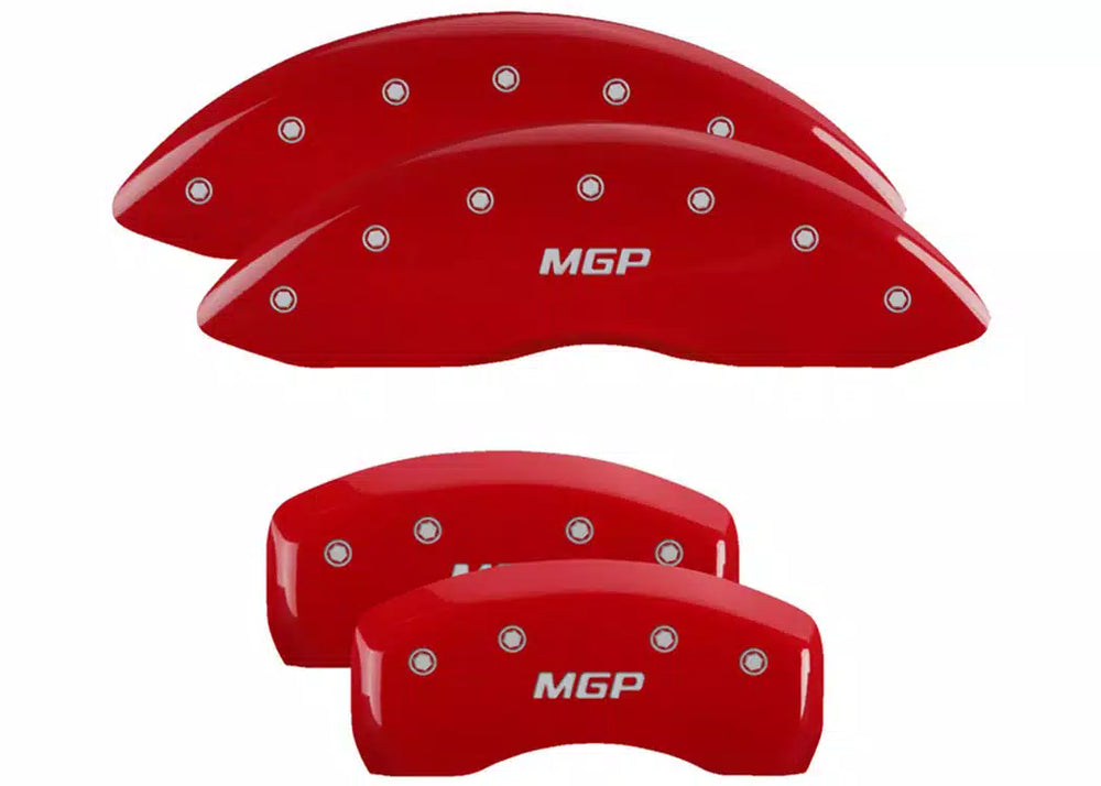 SET OF 4 CALIPER COVERS ENGRAVED FRONT/REAR MGP SILVER CHARACTERS RED POWDER C