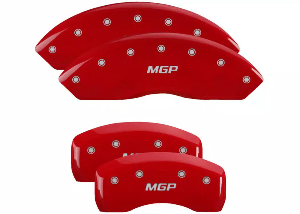 SET OF 4 CALIPER COVERS ENGRAVED FRONT/REAR MGP SILVER CHARACTERS RED POWDER C